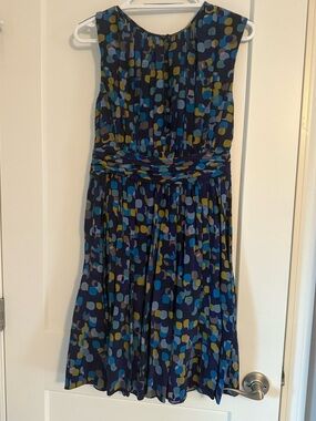 Boden Sleeveless Printed Dress Size 6 Blue Polka Dot Cinched Waist Flowy